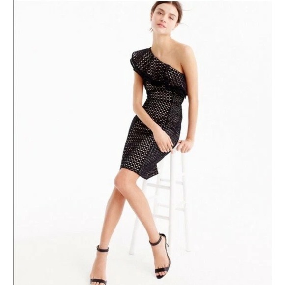 J. Crew Collection Black Eyelet One Shoulder Ruffle Mini Dress Size 4 Small - Picture 3 of 10